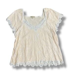 Democracy Peach Embroidered Peasant Blouse Women’s L Lace Trim Rayon Boho Top